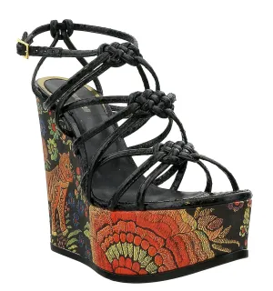 Roberto Cavalli Black Embroidered Heel Wedge Sandal-