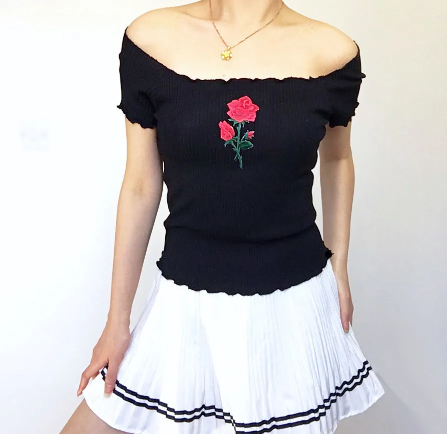 ROSE KNIT RIB OFF SHOULDER TOP
