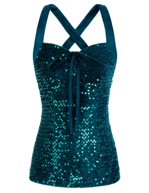 Seckill Offer⌛Sparkly Sequin Tops for Women Velvet Strappy Camis Tank Tops Night Party