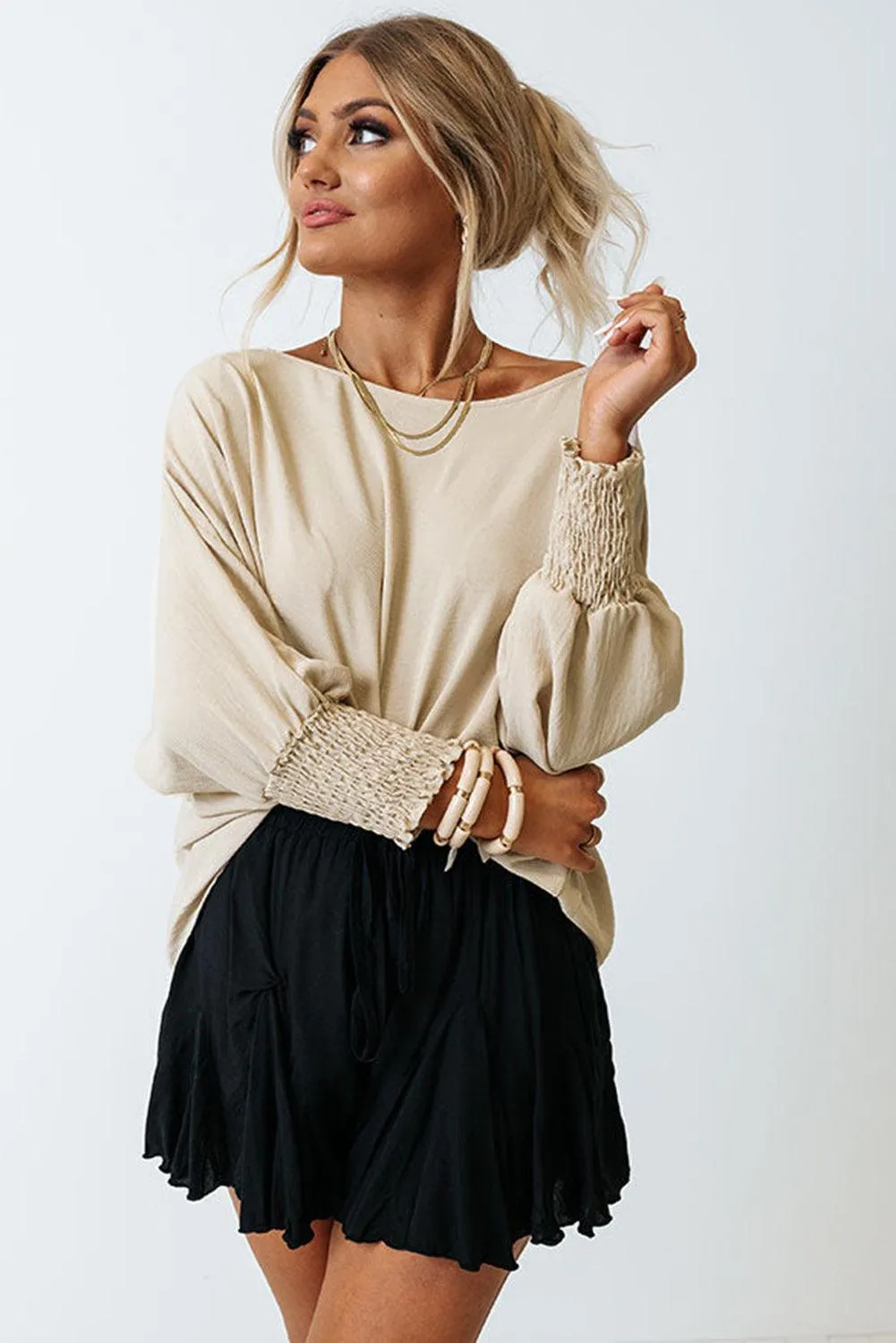 Smocked Wrist Shift Top Blouse for Women - Apricot