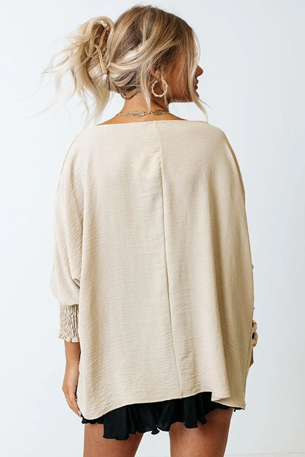 Smocked Wrist Shift Top Blouse for Women - Apricot