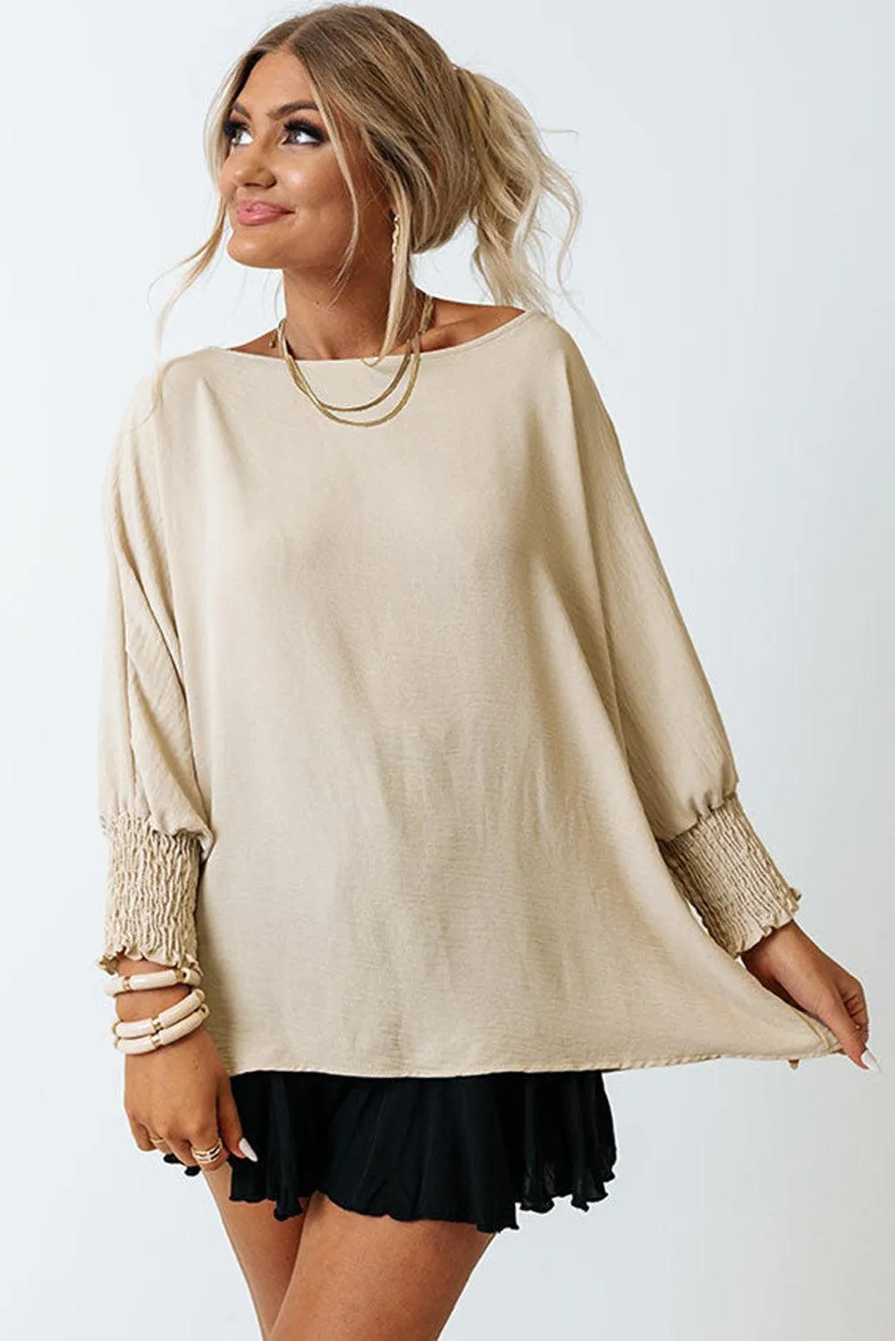 Smocked Wrist Shift Top Blouse for Women - Apricot