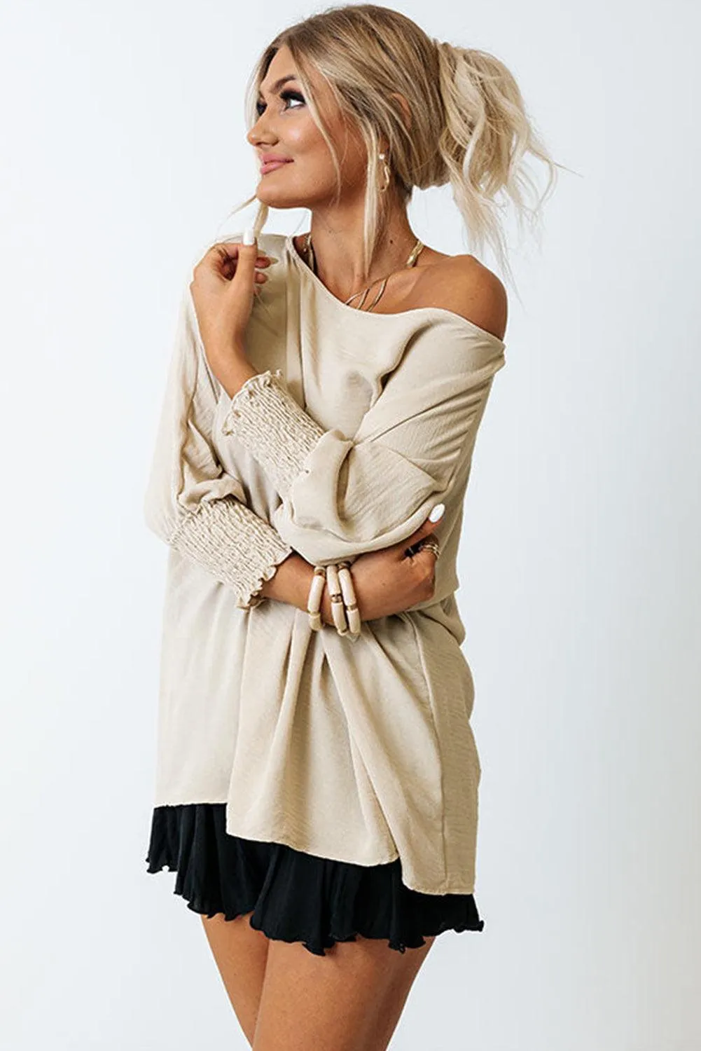 Smocked Wrist Shift Top Blouse for Women - Apricot