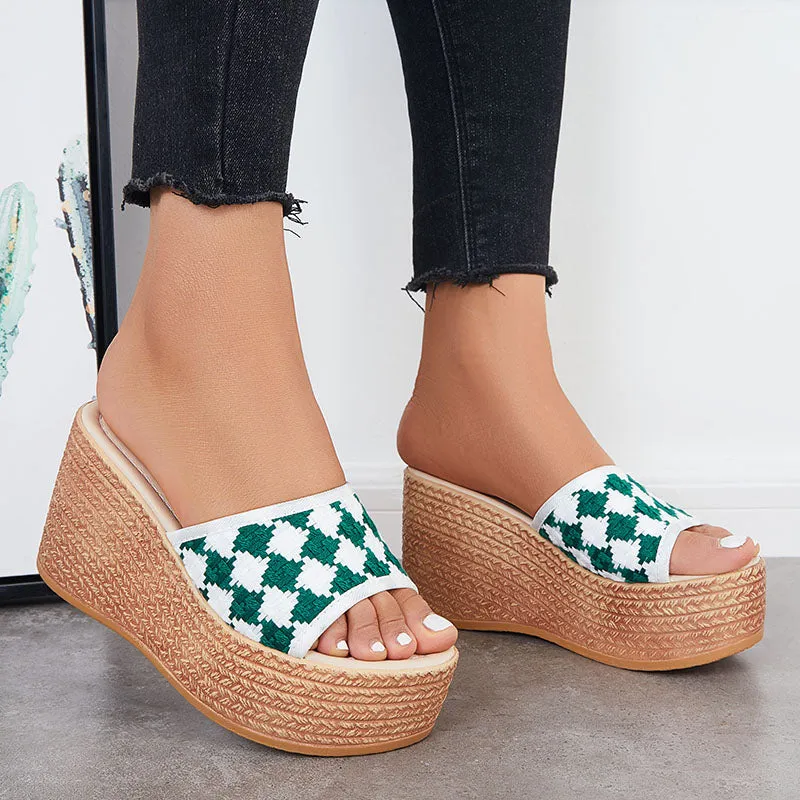 Sohiwoo Women Open Toe Plaid Espadrille Wedges Slip on Platform Sandals
