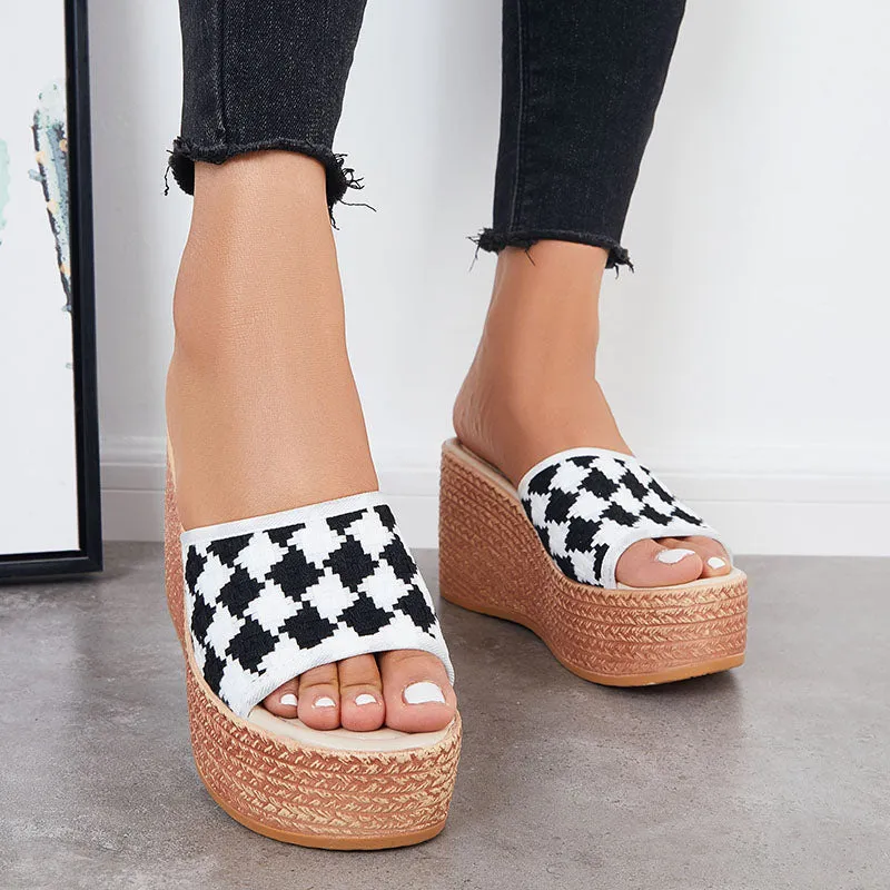 Sohiwoo Women Open Toe Plaid Espadrille Wedges Slip on Platform Sandals