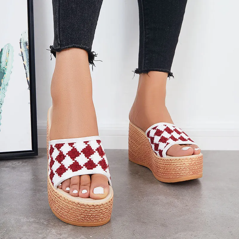 Sohiwoo Women Open Toe Plaid Espadrille Wedges Slip on Platform Sandals