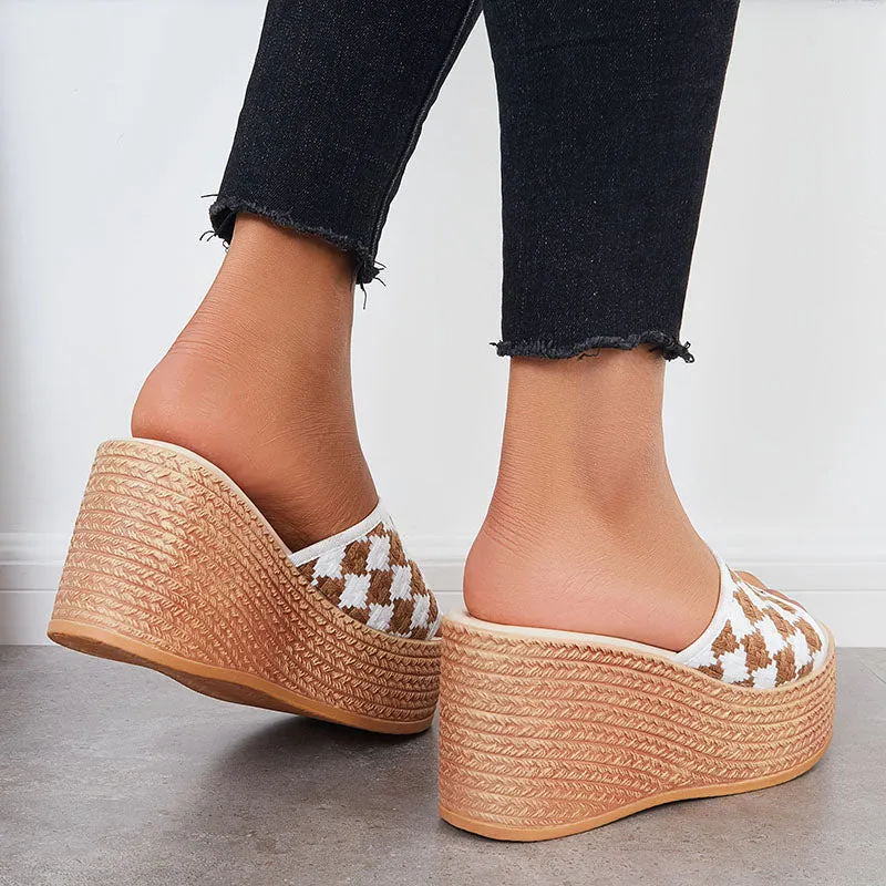 Sohiwoo Women Open Toe Plaid Espadrille Wedges Slip on Platform Sandals