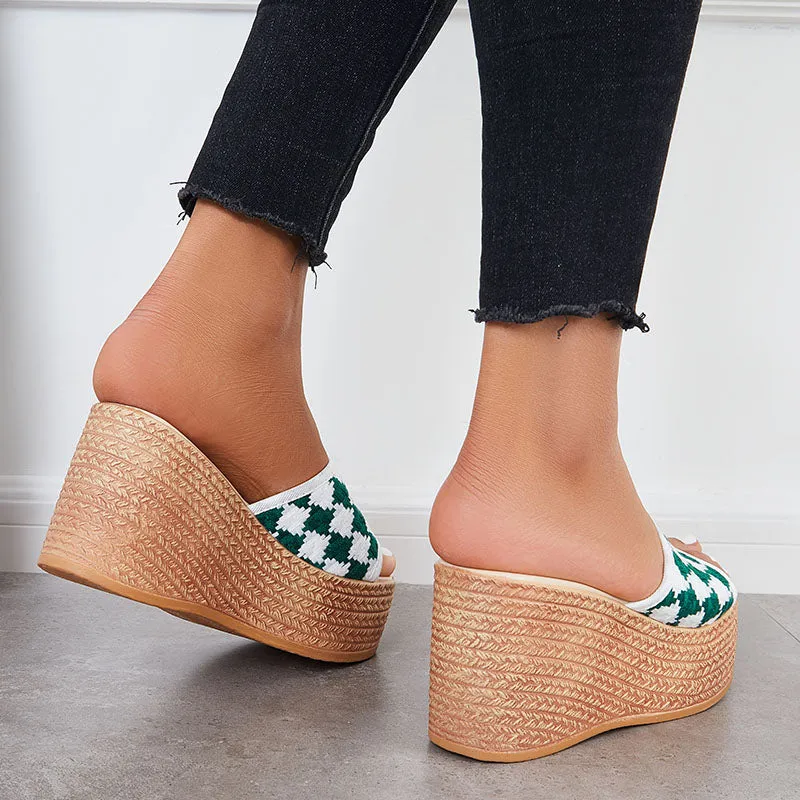 Sohiwoo Women Open Toe Plaid Espadrille Wedges Slip on Platform Sandals