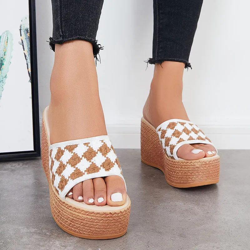 Sohiwoo Women Open Toe Plaid Espadrille Wedges Slip on Platform Sandals