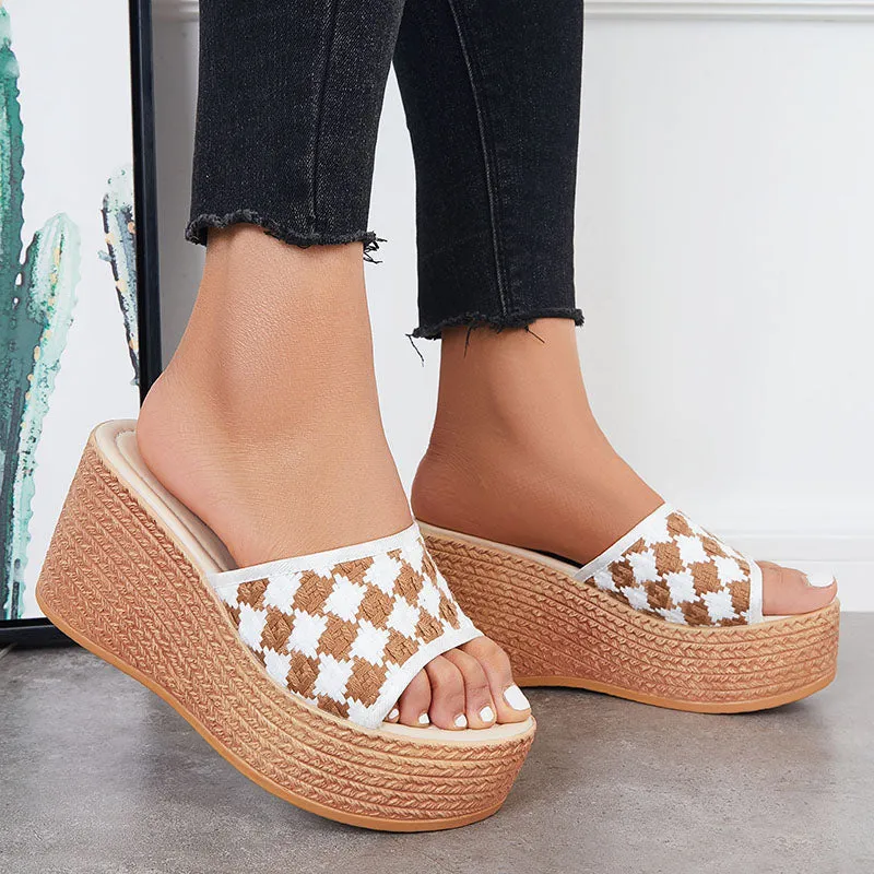 Sohiwoo Women Open Toe Plaid Espadrille Wedges Slip on Platform Sandals