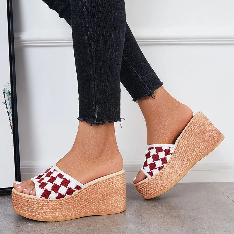 Sohiwoo Women Open Toe Plaid Espadrille Wedges Slip on Platform Sandals