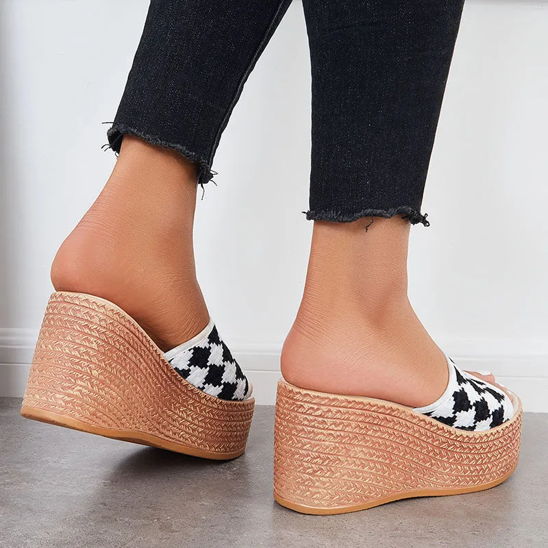 Sohiwoo Women Open Toe Plaid Espadrille Wedges Slip on Platform Sandals