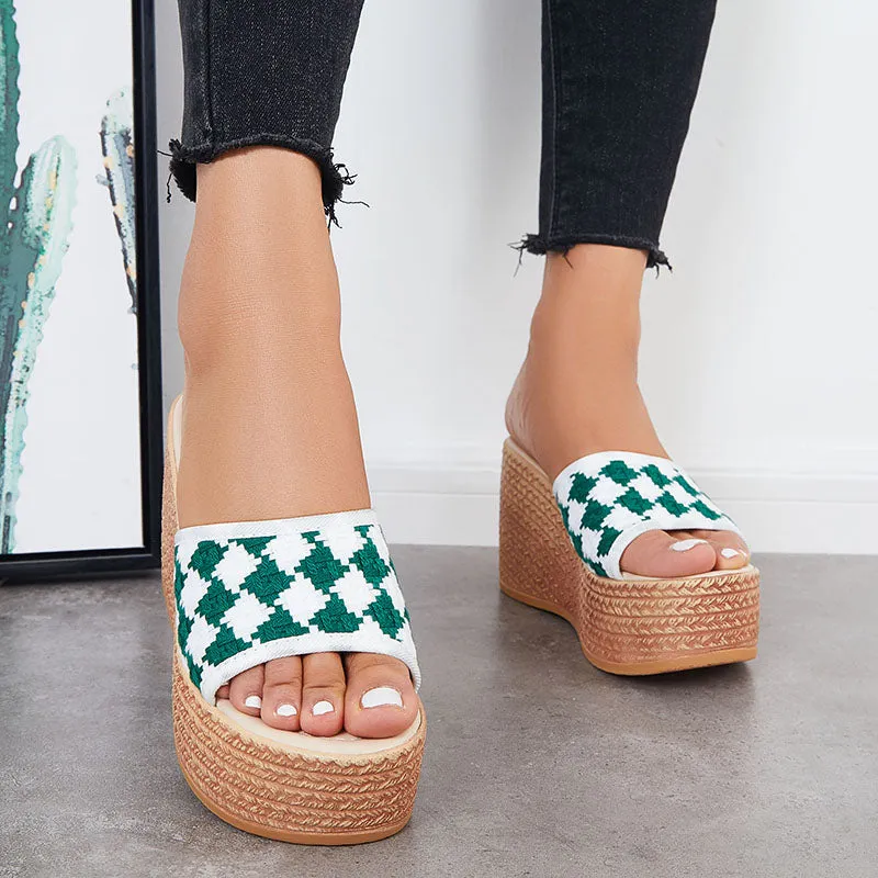 Sohiwoo Women Open Toe Plaid Espadrille Wedges Slip on Platform Sandals