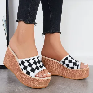 Sohiwoo Women Open Toe Plaid Espadrille Wedges Slip on Platform Sandals