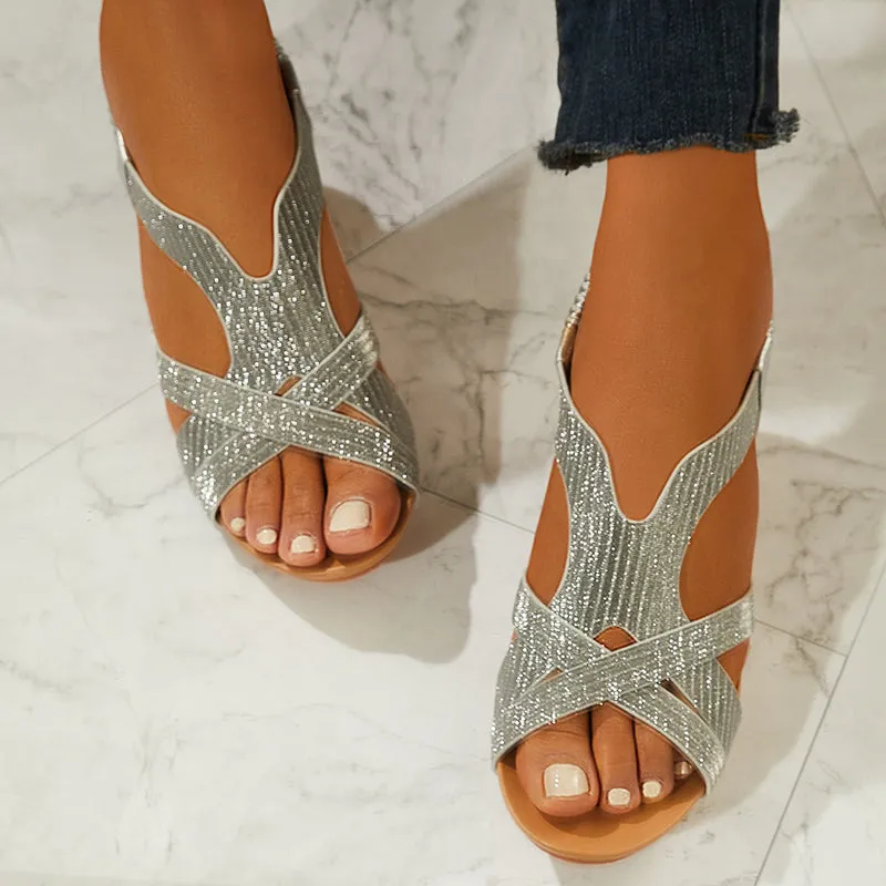 Sohiwoo  Women Peep Toe Low Wedge Sandals Crisscross Ankle Strap Dress Shoes