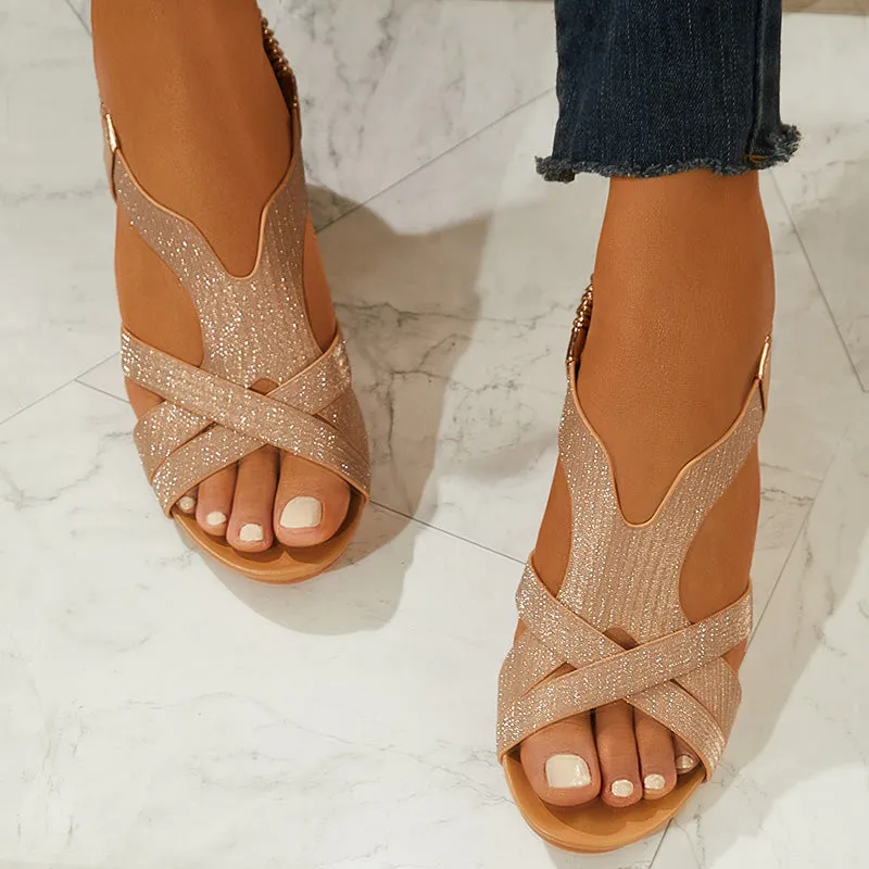 Sohiwoo  Women Peep Toe Low Wedge Sandals Crisscross Ankle Strap Dress Shoes