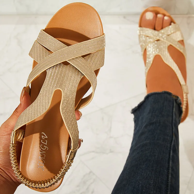 Sohiwoo  Women Peep Toe Low Wedge Sandals Crisscross Ankle Strap Dress Shoes