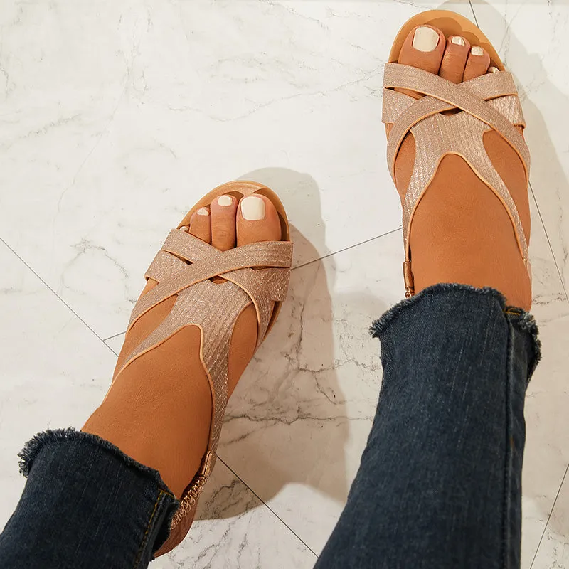 Sohiwoo  Women Peep Toe Low Wedge Sandals Crisscross Ankle Strap Dress Shoes
