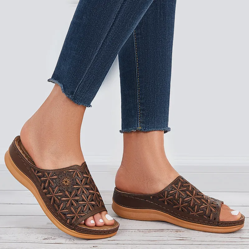 Sohiwoo  Women Platform Wedge Slide Sandals Flower Embroidered Slippers
