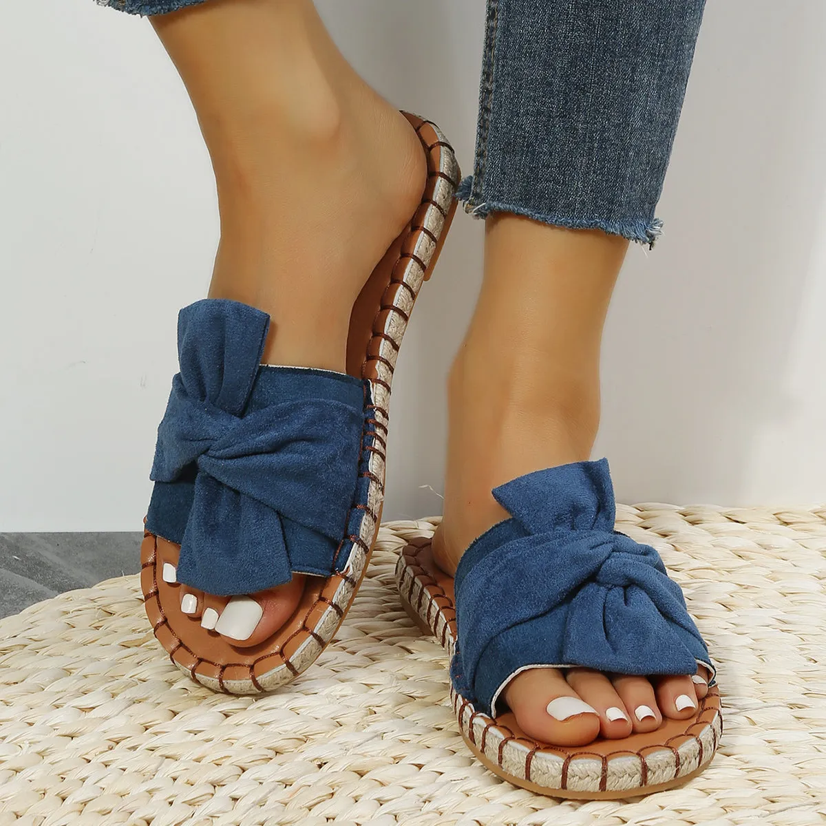 Sohiwoo Women Round Toe Flat Espadrilles Slippers Bowknot Slide Sandals