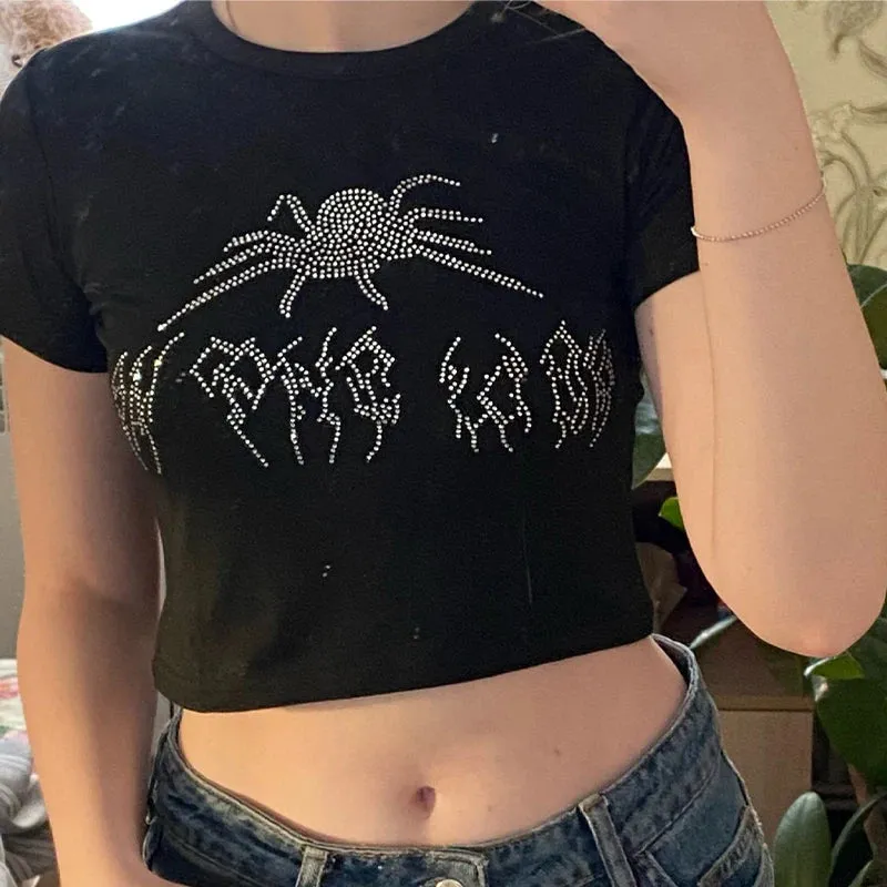 Spider Rhinestone Crop Tops^