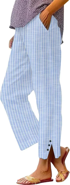 Striped Linen Pants for Women Summer Casual Beach Capris High Waisted Light Weight Gauze Vacation Pinstripe Trousers