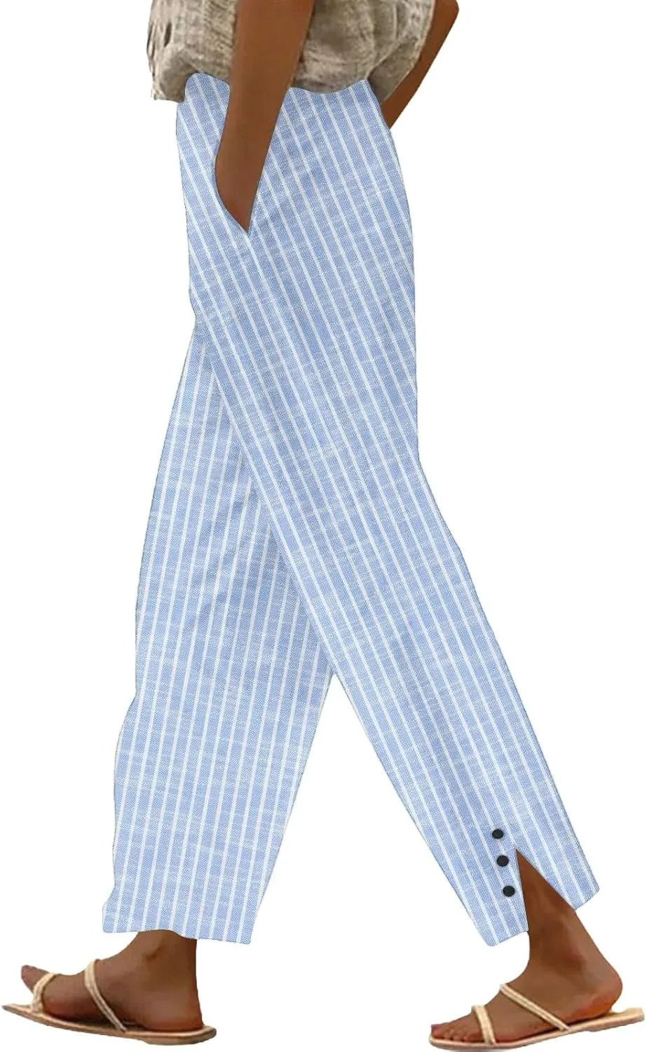 Striped Linen Pants for Women Summer Casual Beach Capris High Waisted Light Weight Gauze Vacation Pinstripe Trousers
