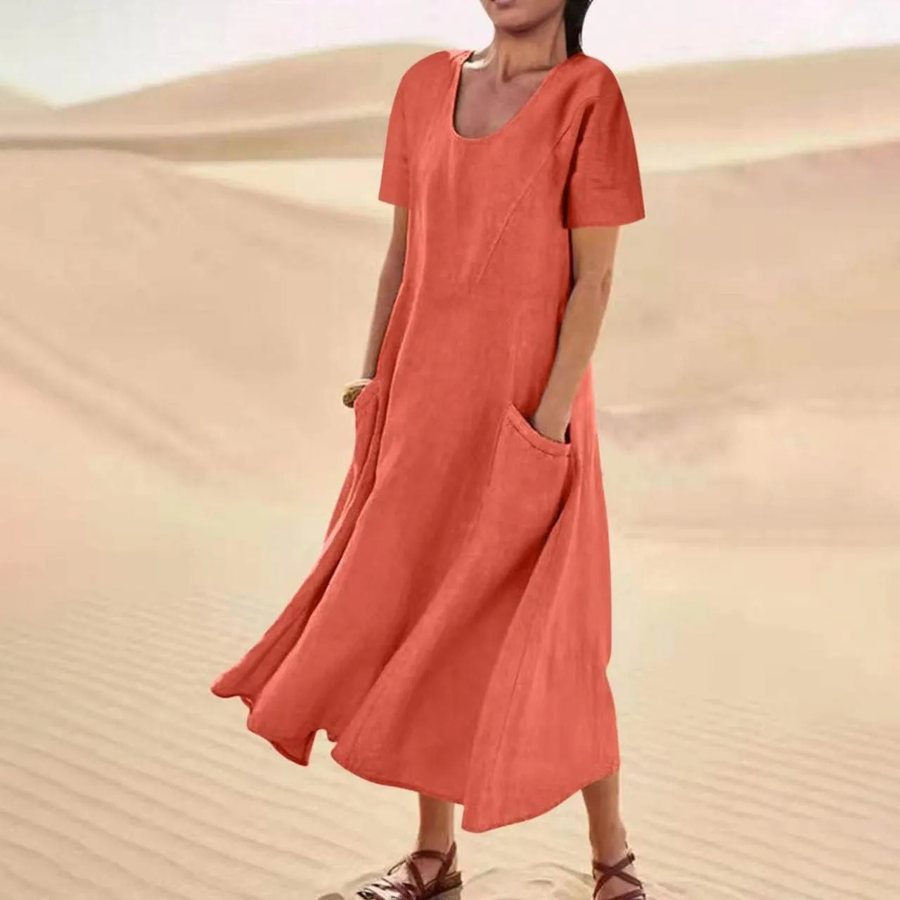 Summer Dresses for Women 2024 Casual Cotton Linen Crewneck Short Sleeve Dress with Pocket Plus Size Boho Long Dress