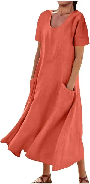Summer Dresses for Women 2024 Casual Cotton Linen Crewneck Short Sleeve Dress with Pocket Plus Size Boho Long Dress