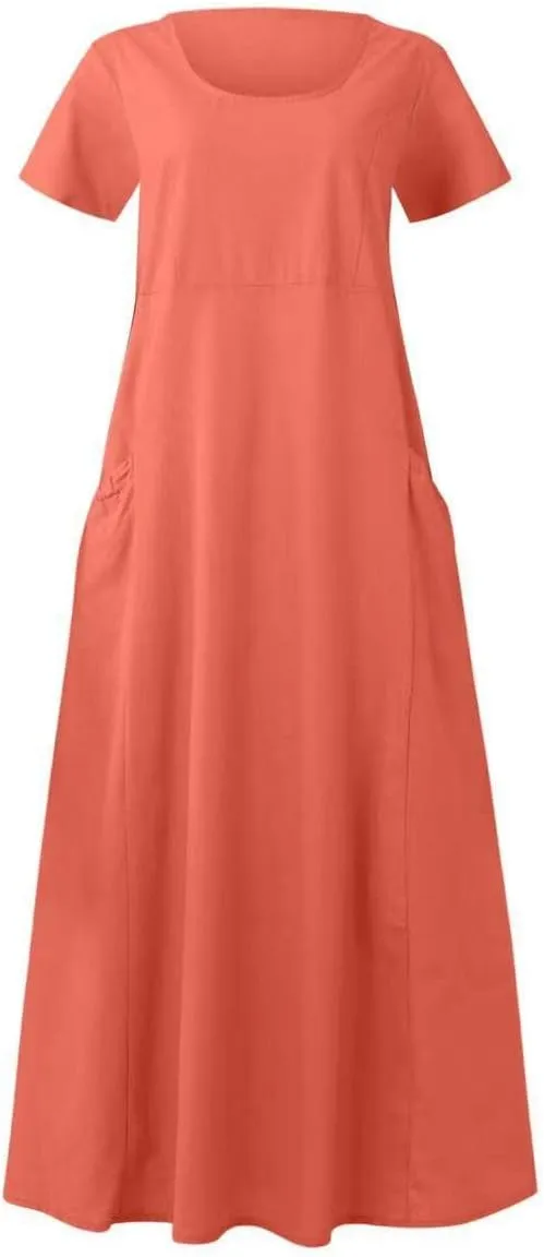 Summer Dresses for Women 2024 Casual Cotton Linen Crewneck Short Sleeve Dress with Pocket Plus Size Boho Long Dress