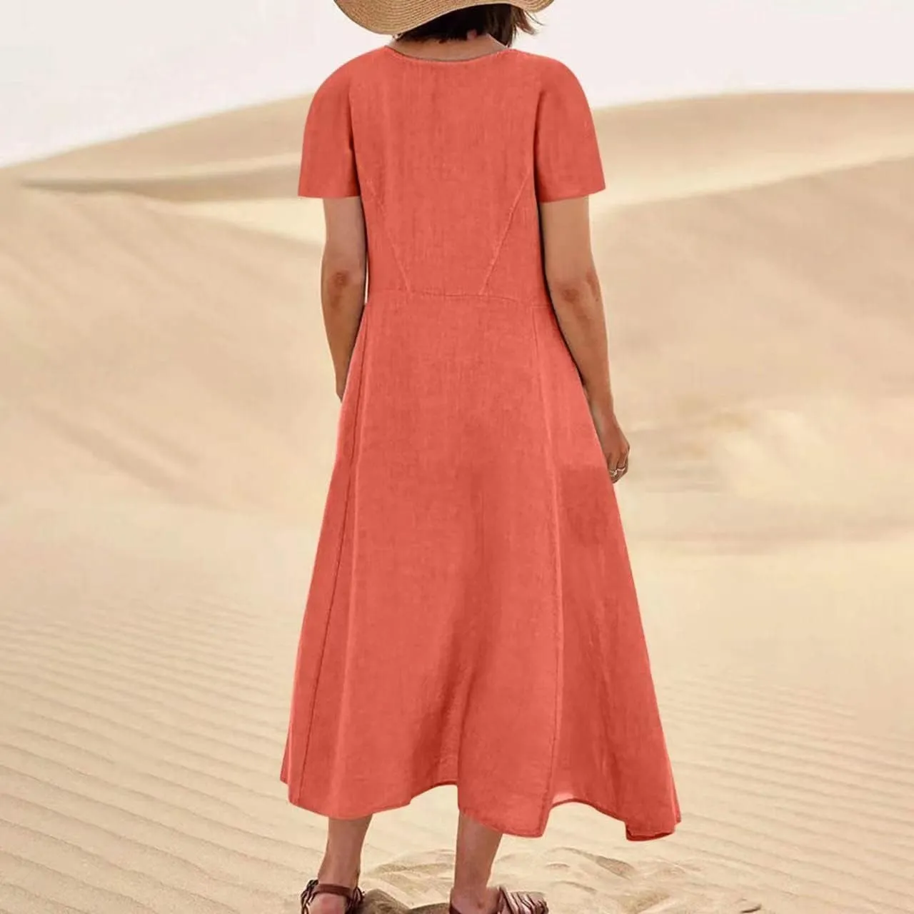 Summer Dresses for Women 2024 Casual Cotton Linen Crewneck Short Sleeve Dress with Pocket Plus Size Boho Long Dress