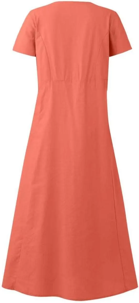 Summer Dresses for Women 2024 Casual Cotton Linen Crewneck Short Sleeve Dress with Pocket Plus Size Boho Long Dress