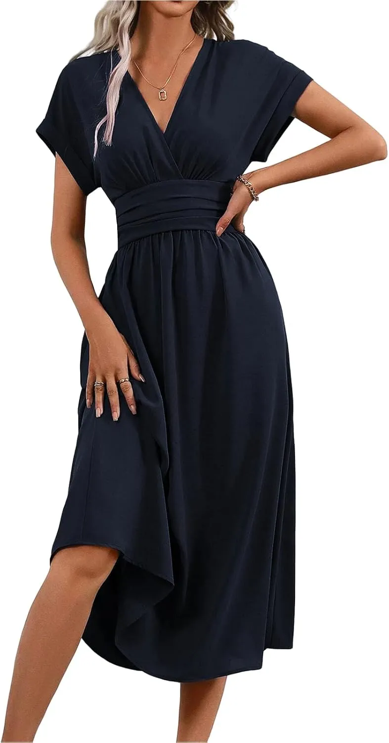 Summer Dresses for Women Short Sleeve Casual Dresses V-Neck Smocked High Waist Flowy Maxi Dress