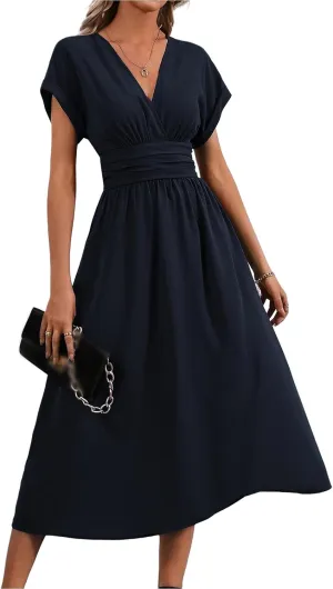 Summer Dresses for Women Short Sleeve Casual Dresses V-Neck Smocked High Waist Flowy Maxi Dress
