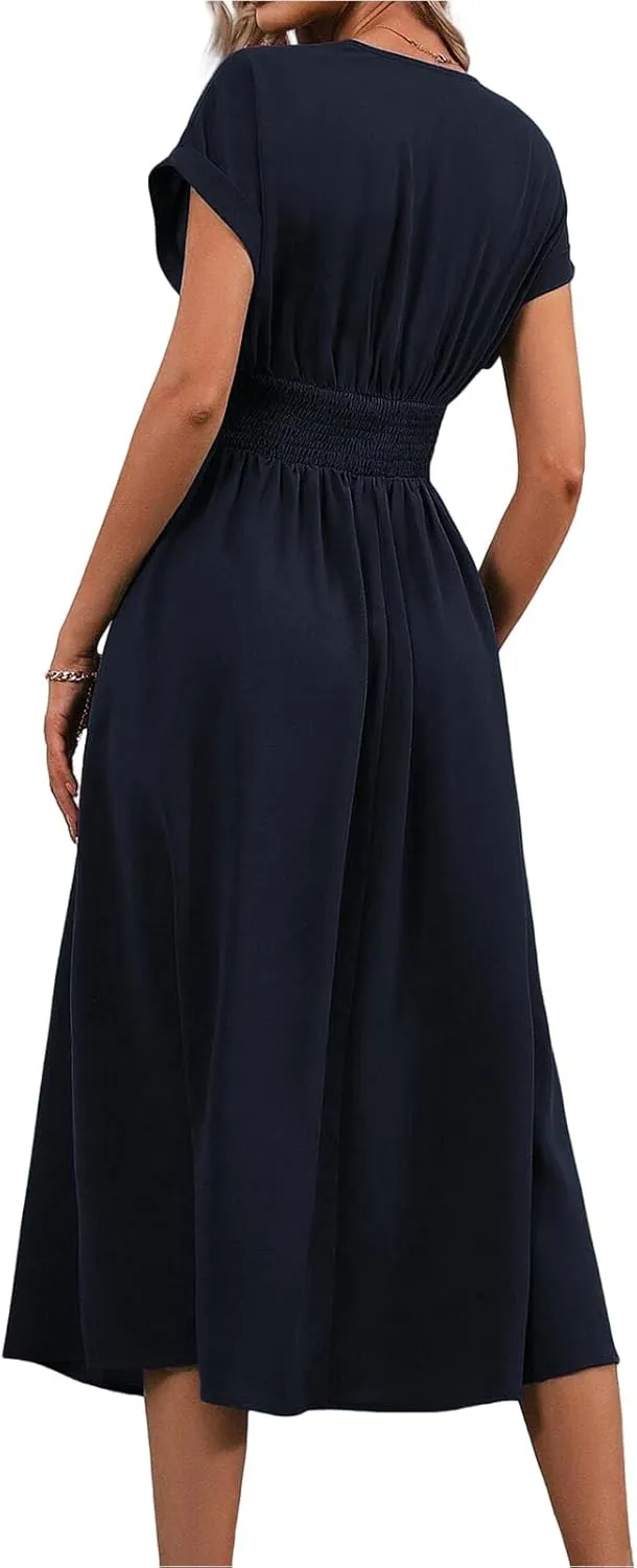 Summer Dresses for Women Short Sleeve Casual Dresses V-Neck Smocked High Waist Flowy Maxi Dress