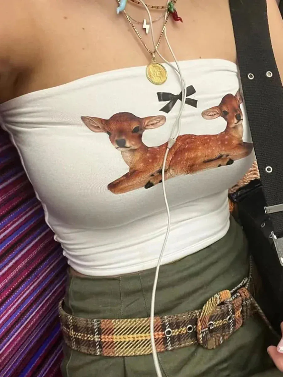 Tube Strapless Deer Bow Print Aesthetic Off Shoulder Sleeveless Backless Crop Y2K Top