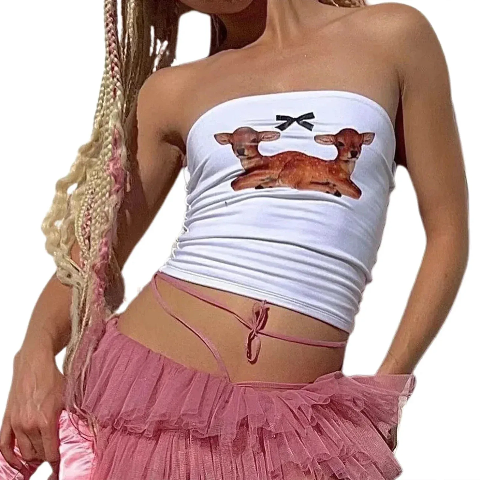 Tube Strapless Deer Bow Print Aesthetic Off Shoulder Sleeveless Backless Crop Y2K Top