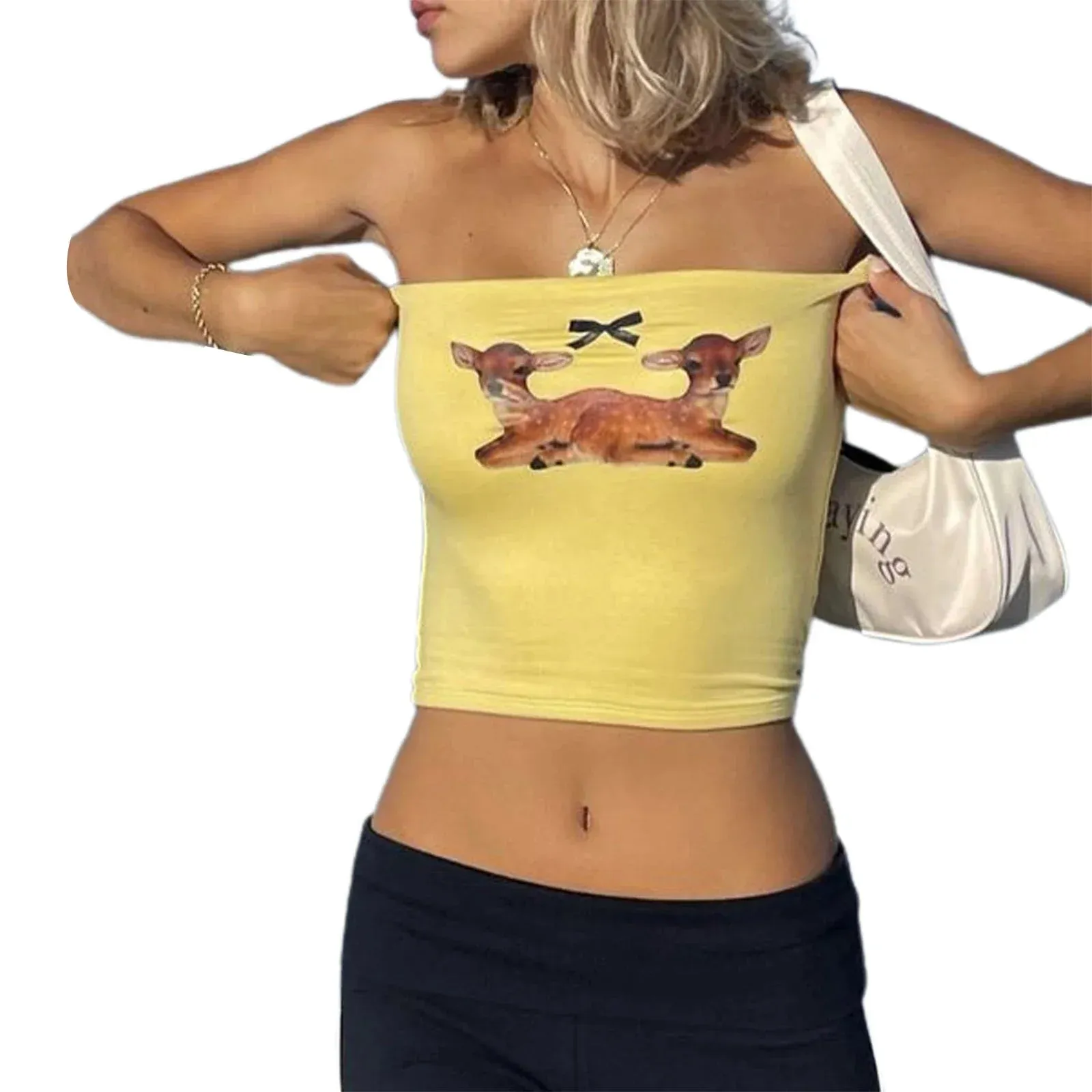 Tube Strapless Deer Bow Print Aesthetic Off Shoulder Sleeveless Backless Crop Y2K Top
