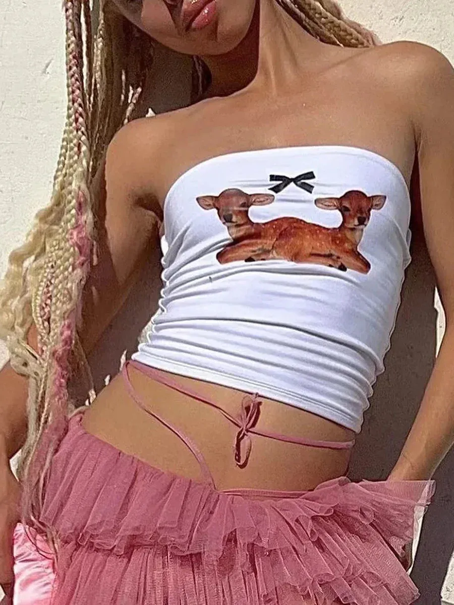 Tube Strapless Deer Bow Print Aesthetic Off Shoulder Sleeveless Backless Crop Y2K Top