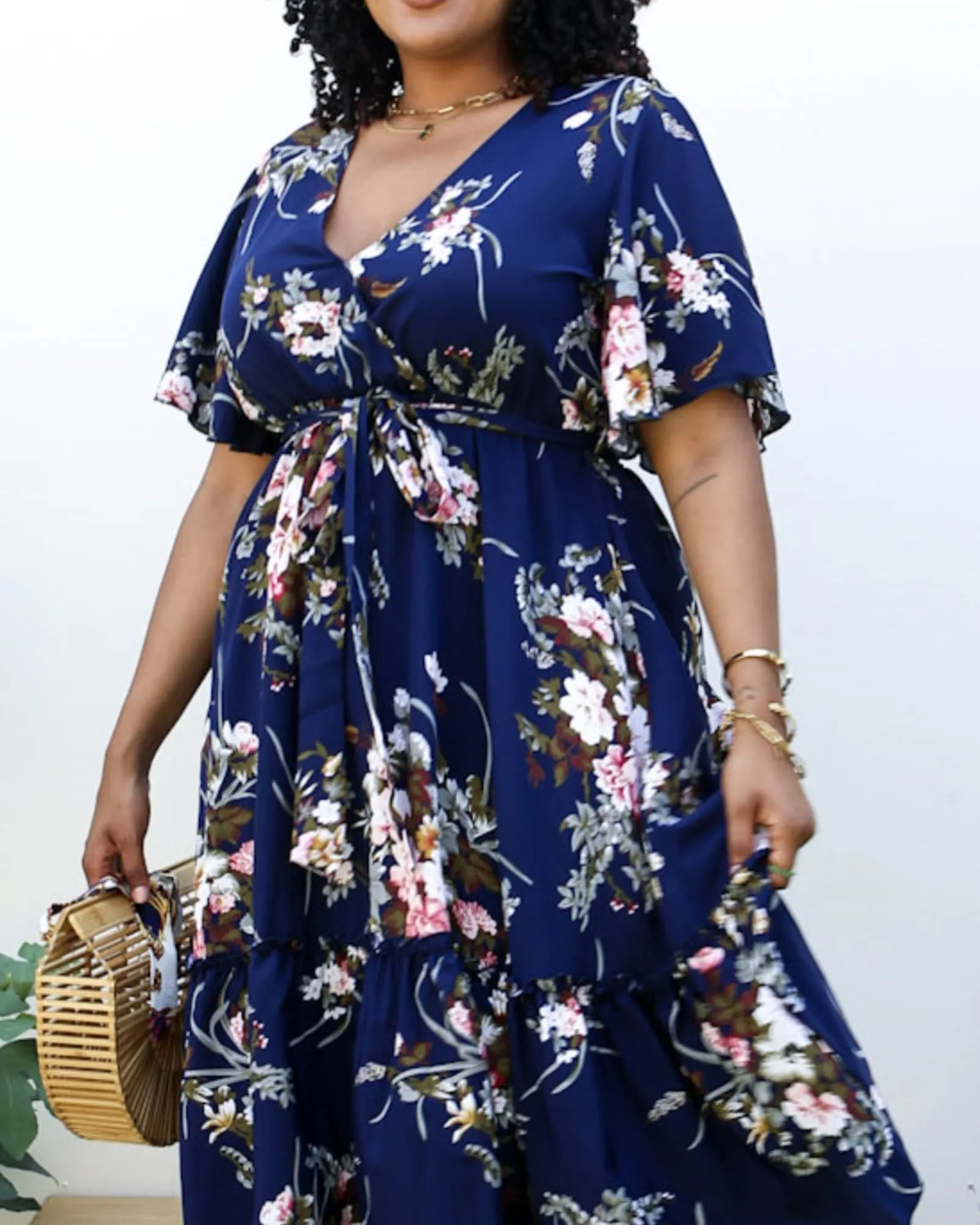 V Neck Floral Print Flowy Navy Maxi Dress | Navy
