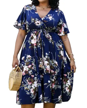 V Neck Floral Print Flowy Navy Maxi Dress | Navy