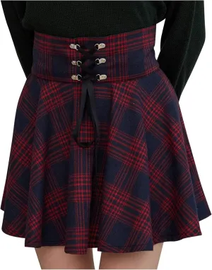Women Casual Plaid Pleated Skirts High Waist Mini Skirt Flare A-line Drawstring Ruffle Basic Versatile Short Skirt Red
