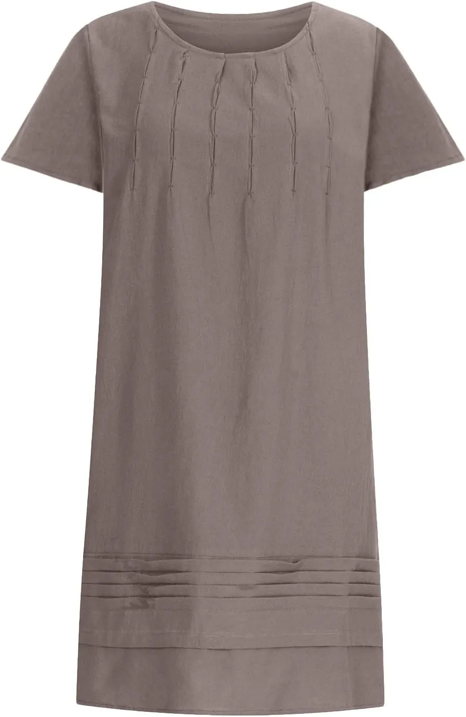 Women Cotton Linen Dresses Crew Neck Short Sleeve Pleated Front Stripe Printed Knee Length Loose Fit Summer Dress