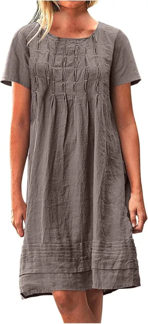 Women Cotton Linen Dresses Crew Neck Short Sleeve Pleated Front Stripe Printed Knee Length Loose Fit Summer Dress