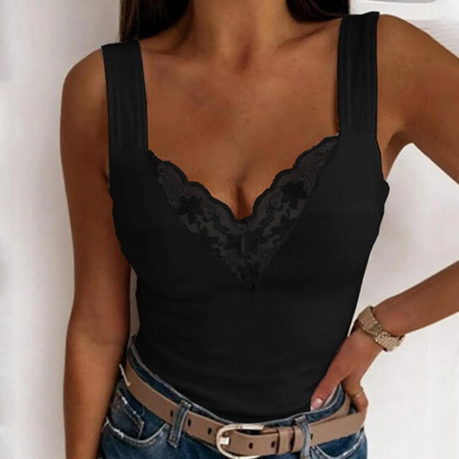Women Fashion V Neck Floral Print Sleeveless Casual Backless Lace Tank Top Long Tops