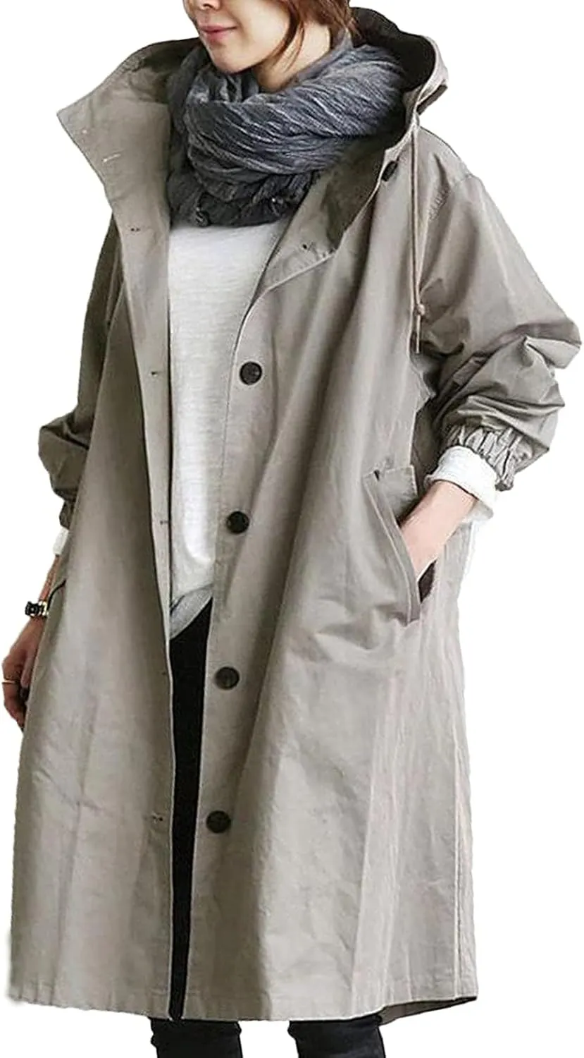 Women Long Raincoat Waterproof Hooded Trench Coats Button Up Windbreaker Travel S-5XL,Rain Jacket Plus Size
