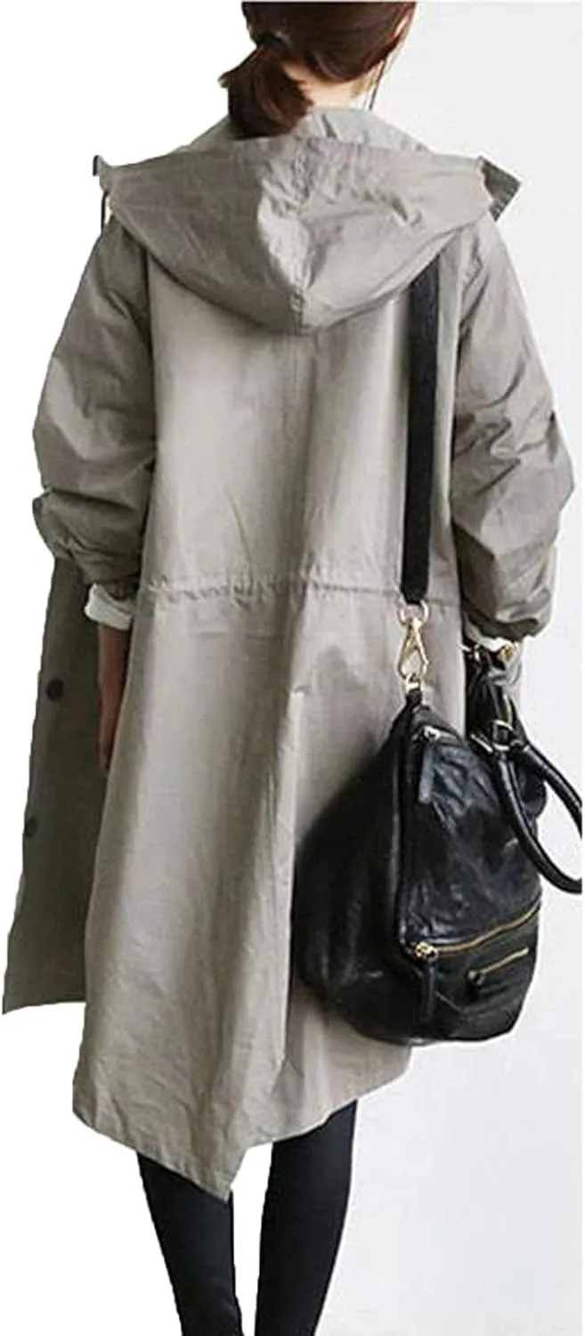 Women Long Raincoat Waterproof Hooded Trench Coats Button Up Windbreaker Travel S-5XL,Rain Jacket Plus Size