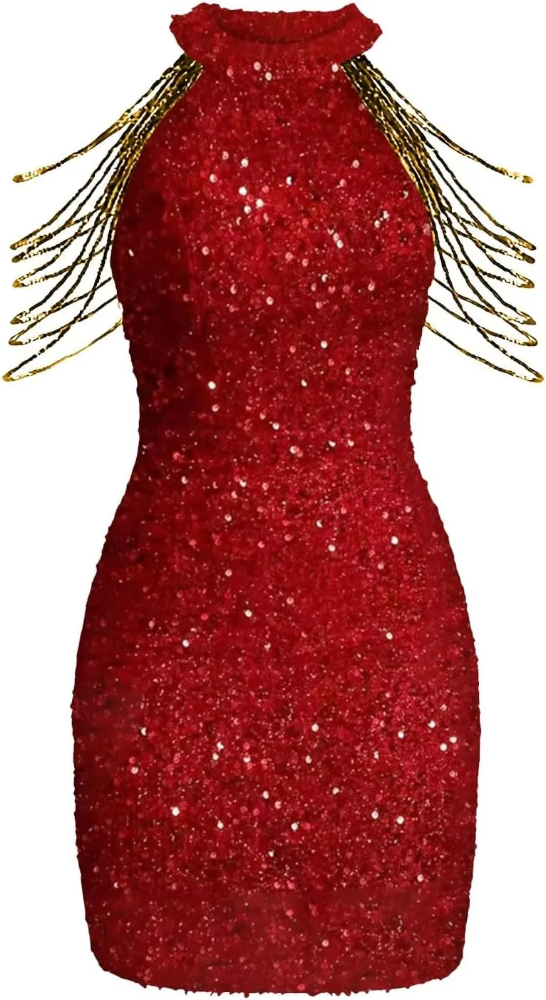 Women Sequin Sexy V Neck Shift Dress Sparkly Glitter Sleeveless Short Flowy Loose Party Night Out Club Dress