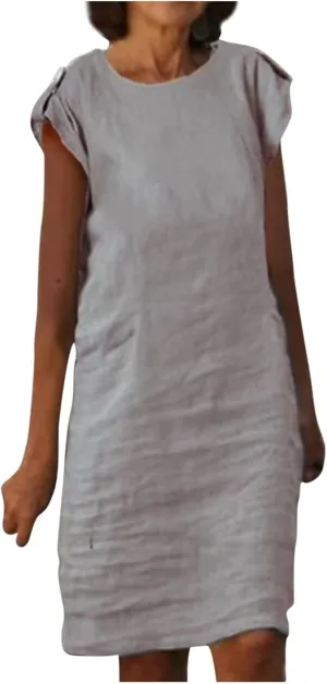 Womens Casual Crew Neck Sleeveless Sleeve Cotton Linen T Shirt Mini Dress Work Elegant Vacation Travel Beach Dresses