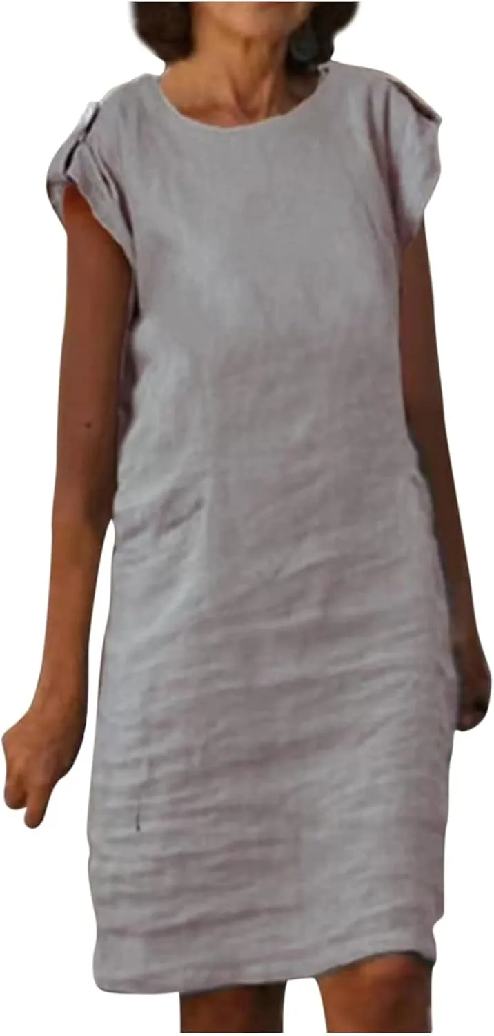 Womens Casual Crew Neck Sleeveless Sleeve Cotton Linen T Shirt Mini Dress Work Elegant Vacation Travel Beach Dresses